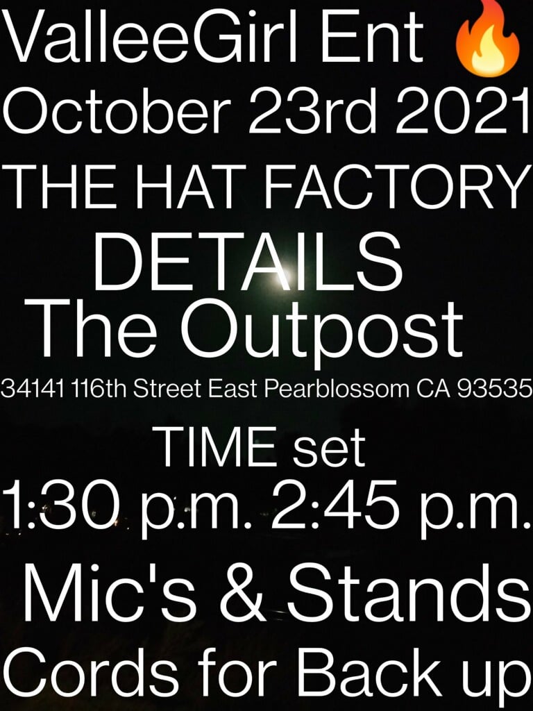 Black flyer with white text for show at The Outpost